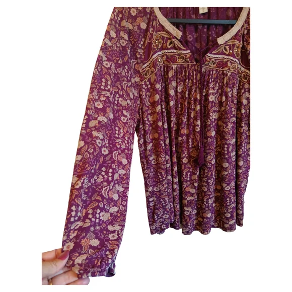CLEARANCE SALE!! Vintage America Maroon/Purple and Tan Floral Blouse - Picture 3 of 7